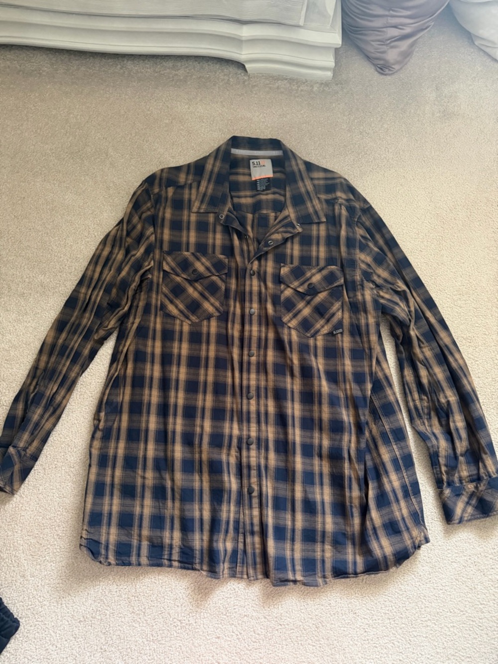 5.11 Tattical Brown and Navy Plaid Button-Up Shirt
